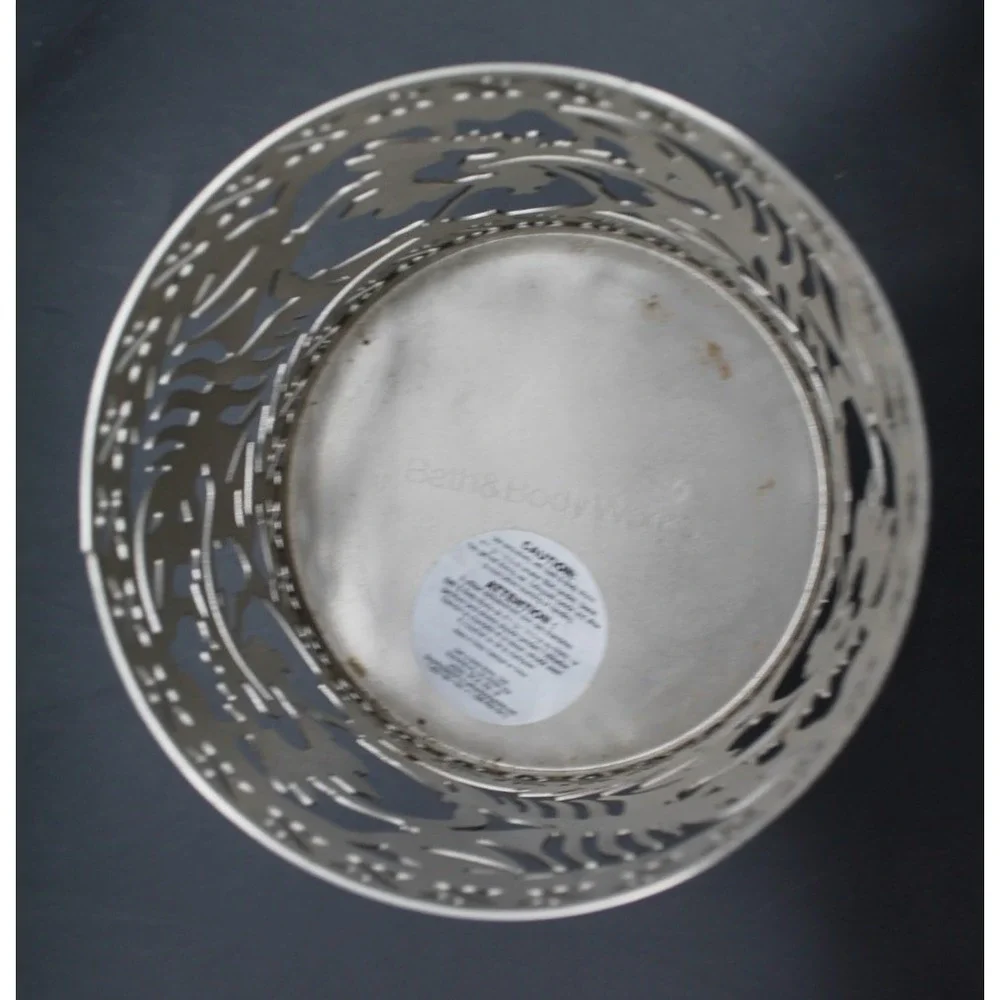 Bath & Body Works 3 Wick Candle Holder Pedestal Tropical Leaf Cutout Silver